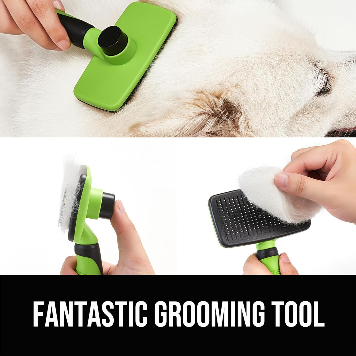 Self-Cleaning Slicker Brush for Dogs and Cats, Pet Grooming Brush for Shedding and Loose Fur, Stainless Steel Bristles, Textured Grip, Green