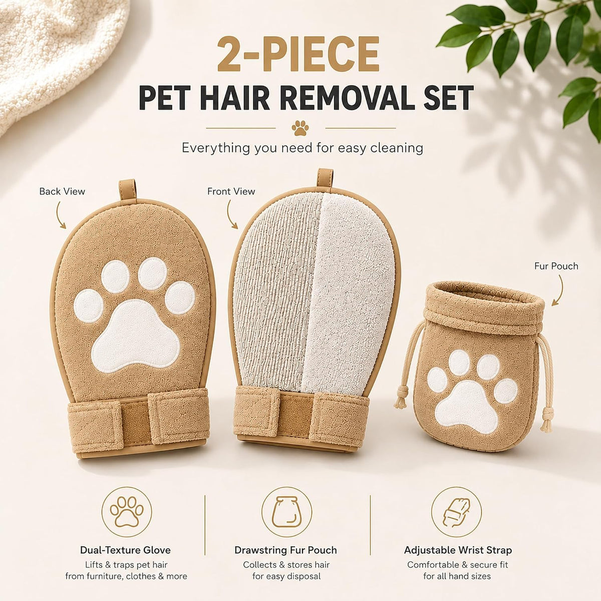 Paw Shape Pet Hair Remover Glove & Fur Storage Bag Set for Cats and Dogs (Beige), Washable Pet Hair Removr, Soft Lint Cleaning Glove for Sofa Carpet Bed Clothes