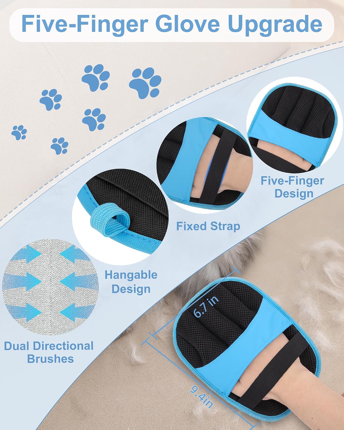 2 Pack Pet Hair Removal Glove, Five-Finger Tool for Dogs and Cats