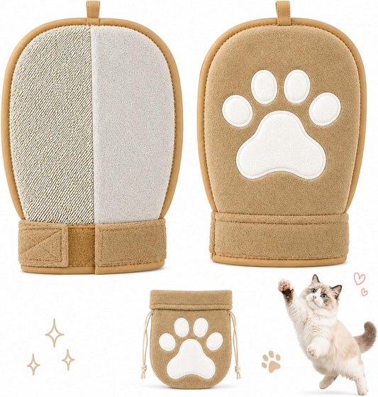 Paw Shape Pet Hair Remover Glove & Fur Storage Bag Set for Cats and Dogs (Beige), Washable Pet Hair Removr, Soft Lint Cleaning Glove for Sofa Carpet Bed Clothes