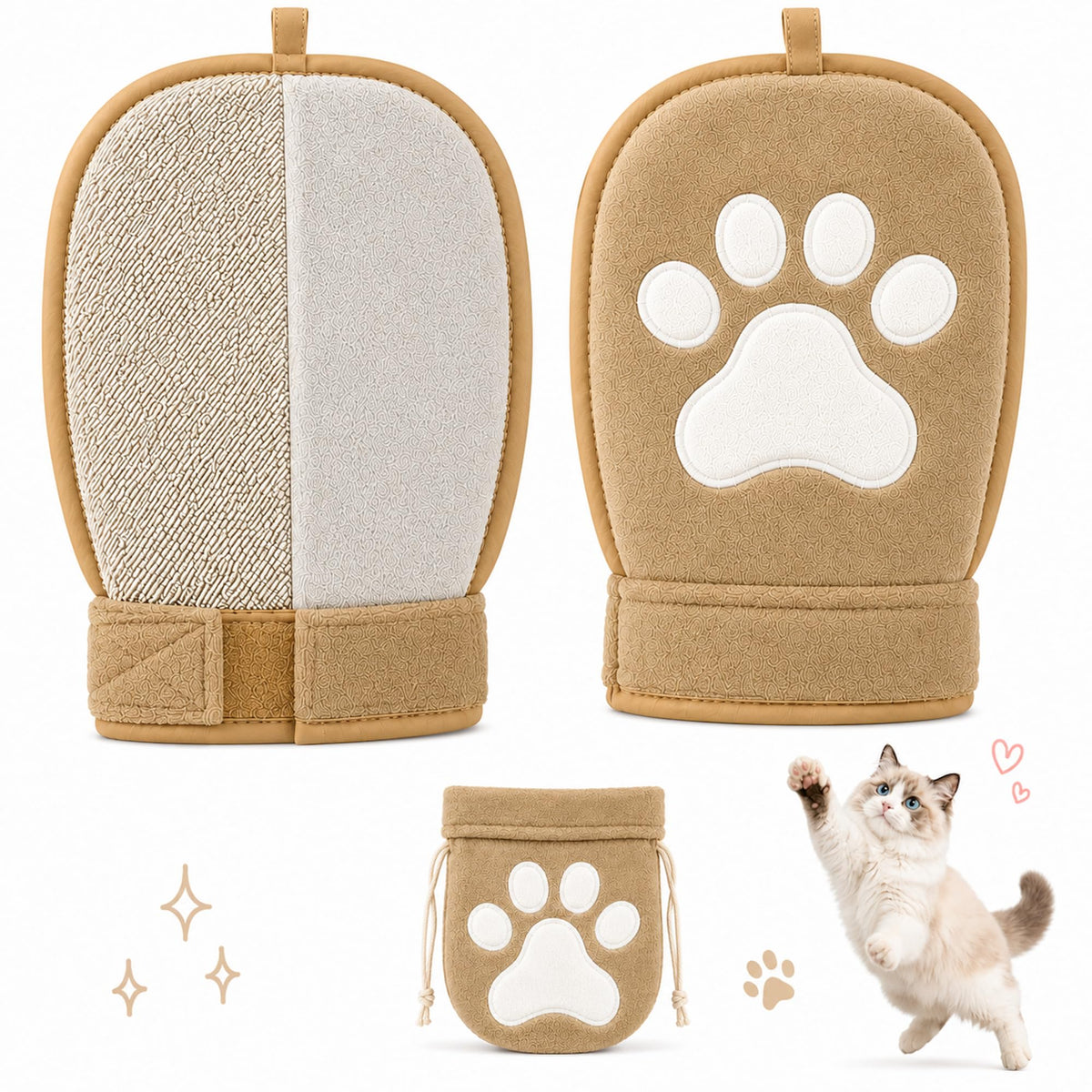 Paw Shape Pet Hair Remover Glove & Fur Storage Bag Set for Cats and Dogs (Beige), Washable Pet Hair Removr, Soft Lint Cleaning Glove for Sofa Carpet Bed Clothes