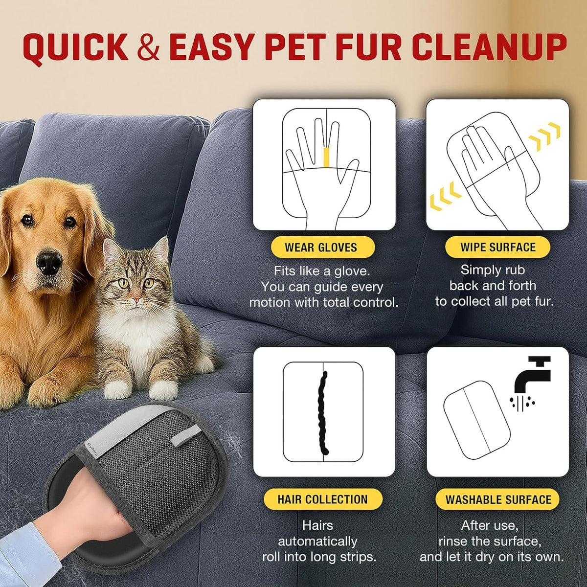 Pet Hair Removal Glove for Dogs & Cats, Newly Upgraded Reusable Electrostatic Pet Hair Glove, Magic Brush Pet Hair Remover Tool for Clothing, Couch, Carpet, Car Seats. (1 Gray & Black, Pacl of 1)