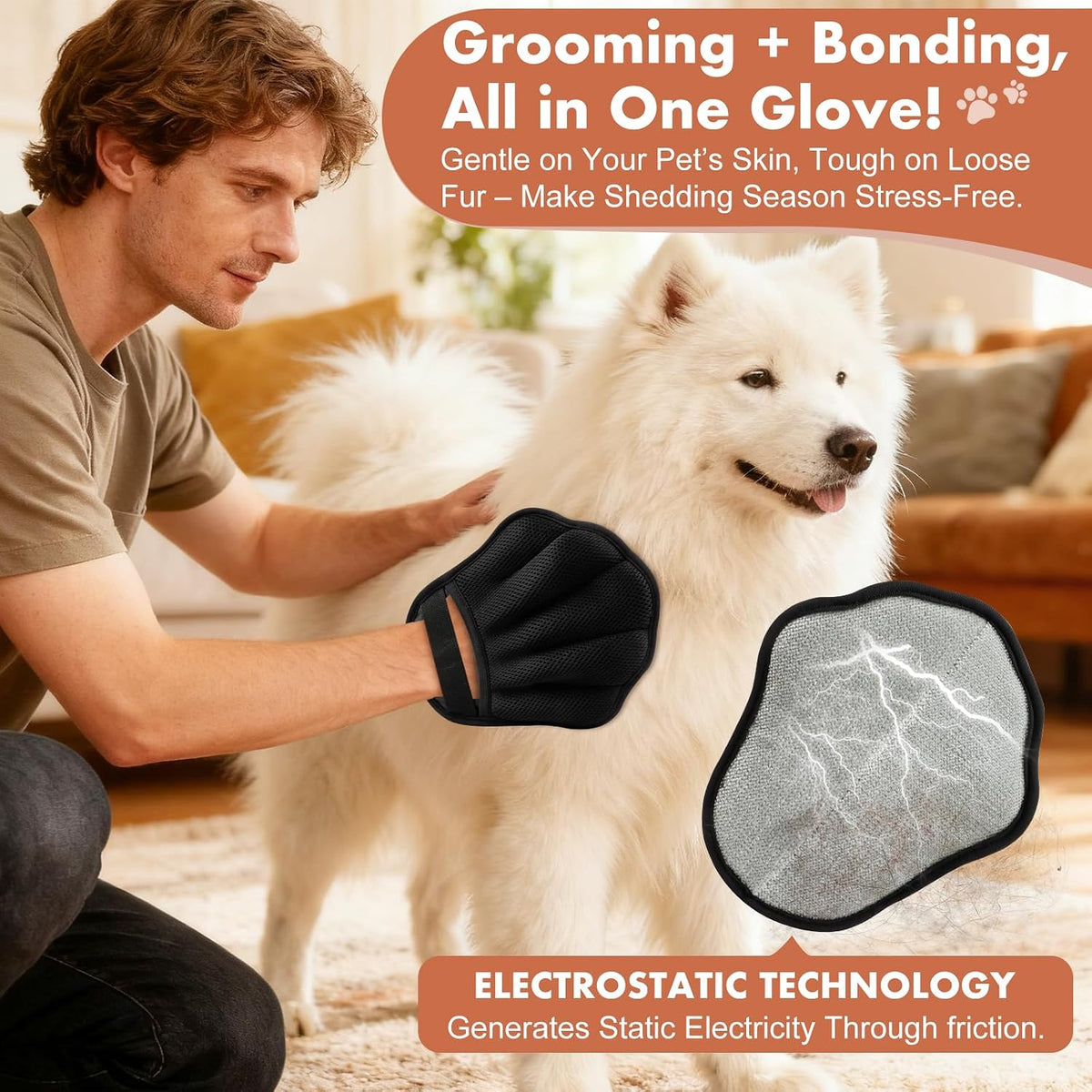 Pet Hair Removal Glove for Cat & Dog, Electrostatic Pet Hair Remover Tool for Furniture, Couch, Laundry, Carpet | Upgraded 5-Finger Washable, Quick Dog & Cat Fur Remover, Black+Black