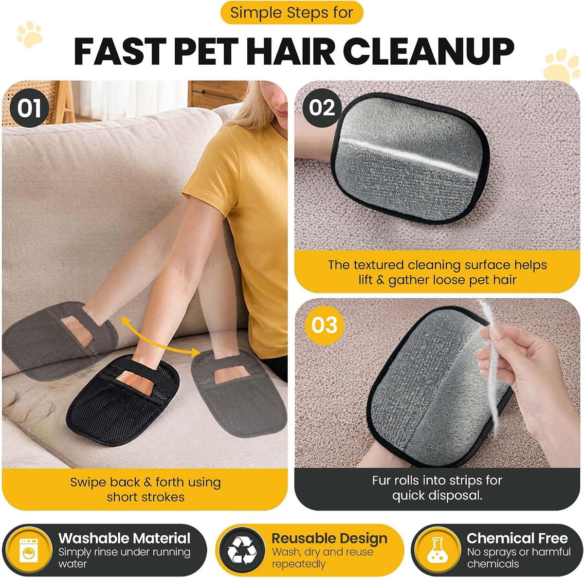 2 Pack Pet Hair Removal Glove with Pet Hair Roller 40 Sheets, Reusable Electrostatic Pet Hair Remover Glove for Dog and Cat, Hair Removal Gloves for Furniture, Sofa, Carpet & Car Seats, Pet Hair Mitt