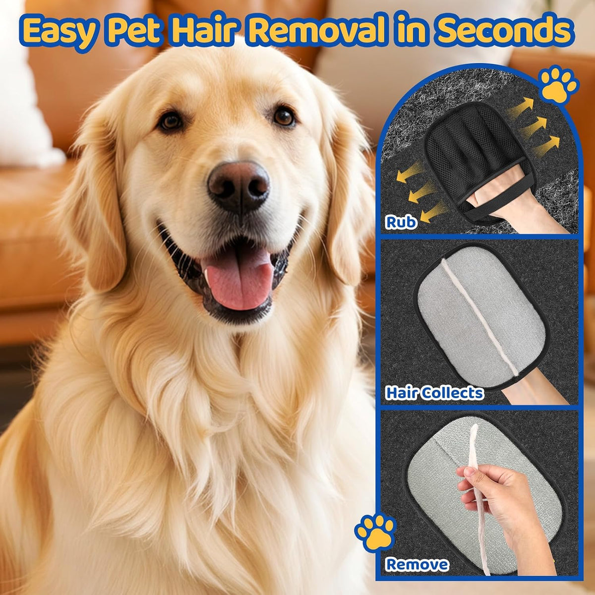 Pet Hair Removal Glove for Dogs & Cats, 2 Packs Five-Finger Grip, Black