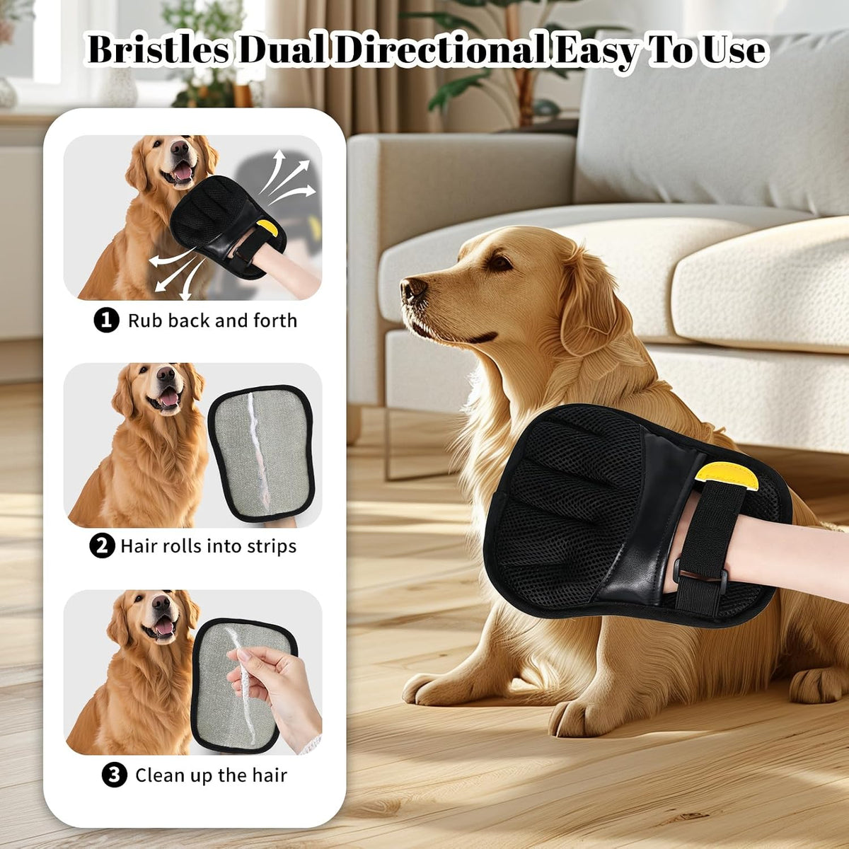 Pet Hair Removal Gloves, Black, Adjustable Strap, Static Hair Remover for Clothing, Sofa, Car Seat, Reusable