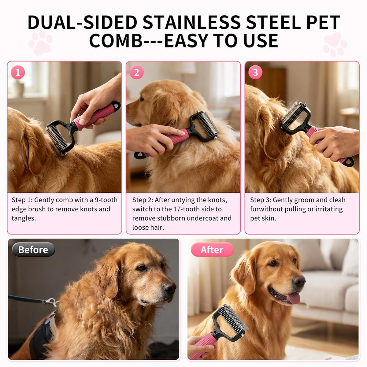 Pet Deshedding Brush & Dematting Comb Set with 2 Cleaning Toothbrushes (pink)