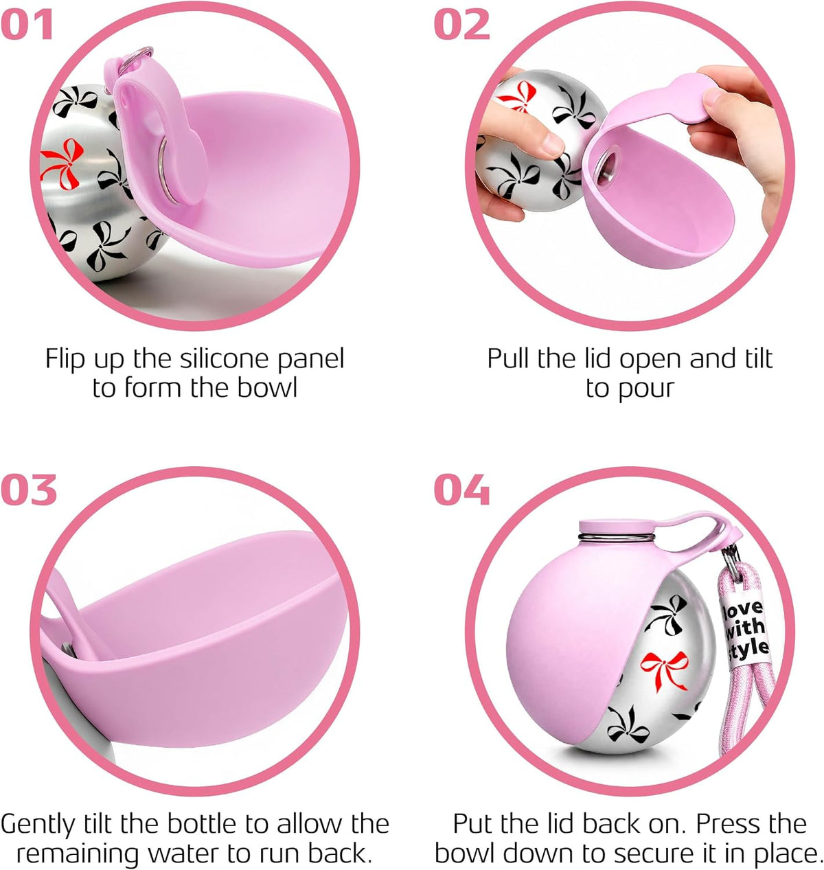 Portable Dog Water Bottle for Walking, 10oz Stainless Steel Pet Water Dispenser with Foldable Silicone Bowl, Leak-Proof Puppy Water Bottle for Small Dogs&Cats,Travel Hiking Outdoor Use(Pink Bow Print)