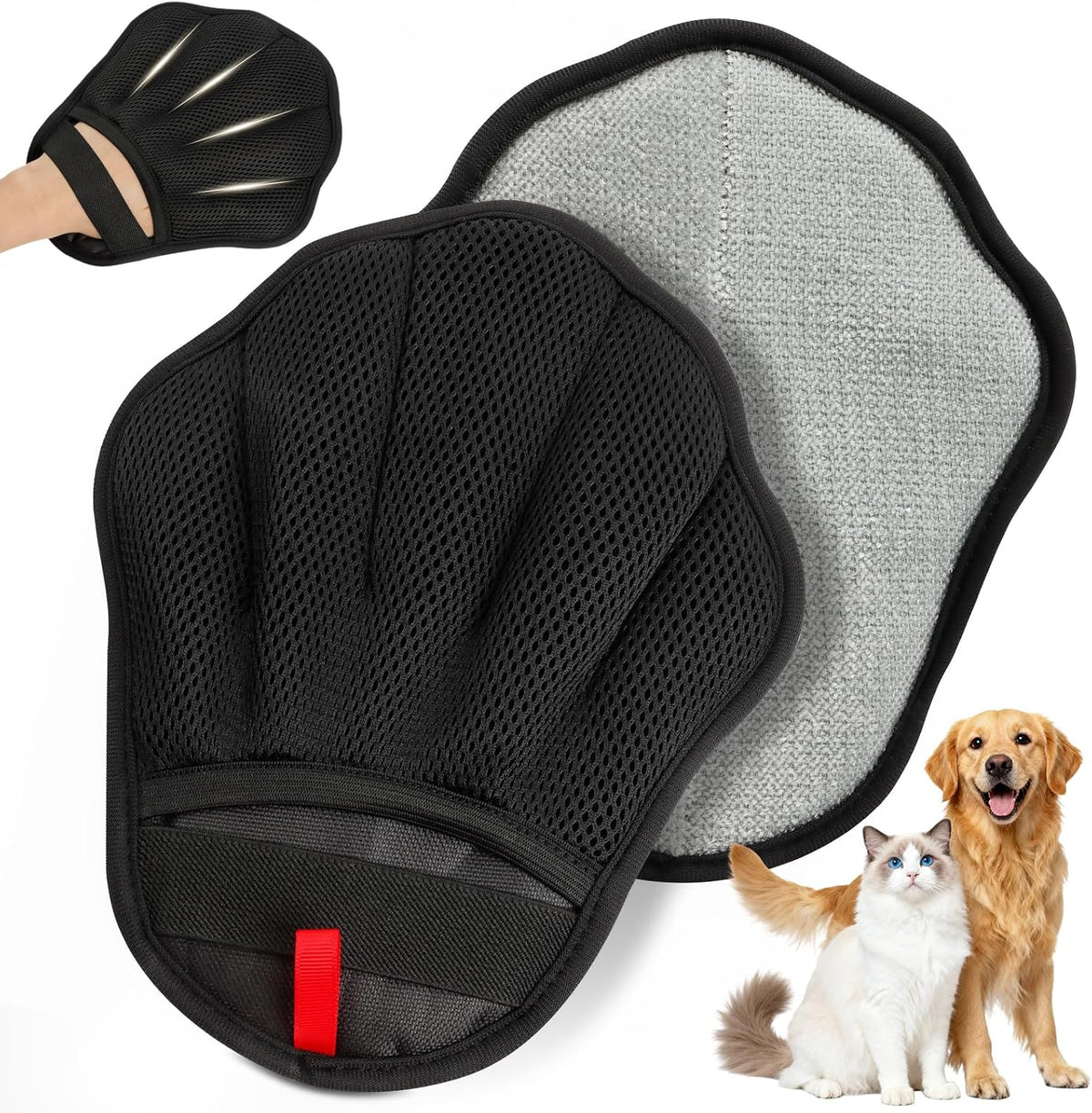 Pet Hair Removal Glove for Cat & Dog, Electrostatic Pet Hair Remover Tool for Furniture, Couch, Laundry, Carpet | Upgraded 5-Finger Washable, Quick Dog & Cat Fur Remover, Black+Black