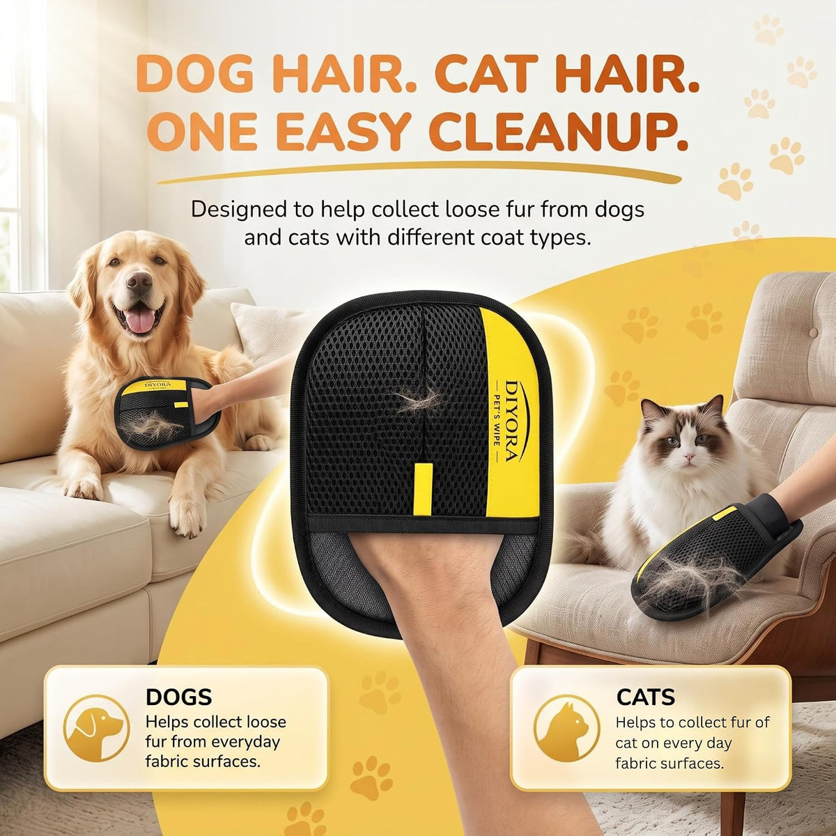 DIYORA Pet Hair Removal Gloves, Reusable, Washable & Electrostatic Fur Remover, Specially Designed for Dogs & Cats Hair (Pack of 2)