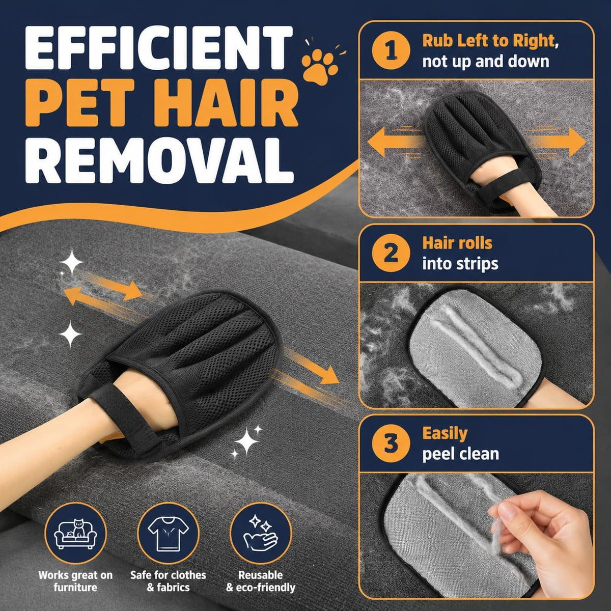 Pet Hair Removal Glove for Dogs & Cats, Reusable Couch Carpet Car Fur Mitt
