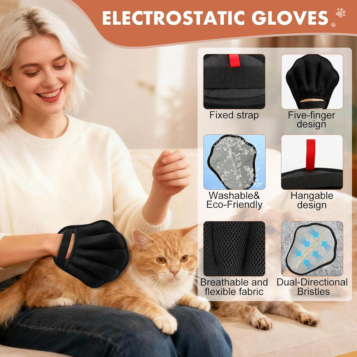 Pet Hair Removal Glove for Cat & Dog, Electrostatic Pet Hair Remover Tool for Furniture, Couch, Laundry, Carpet | Upgraded 5-Finger Washable, Quick Dog & Cat Fur Remover, Black+Black