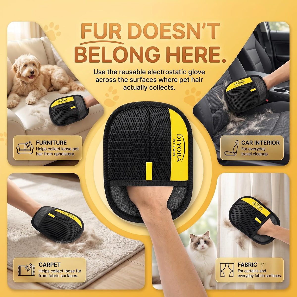 DIYORA Pet Hair Removal Gloves, Reusable, Washable & Electrostatic Fur Remover, Specially Designed for Dogs & Cats Hair (Pack of 2)
