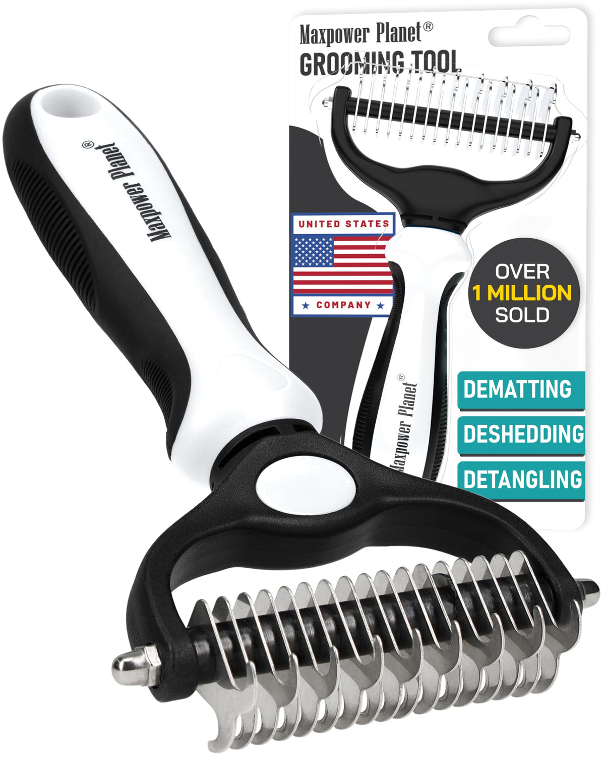 Maxpower Planet Hair Brush - Double Sided Shedding, Dematting Undercoat Rake for Dogs and Cats - Extra Wide Dog Grooming Brush, Reduce Shedding by 95%, Turquoise