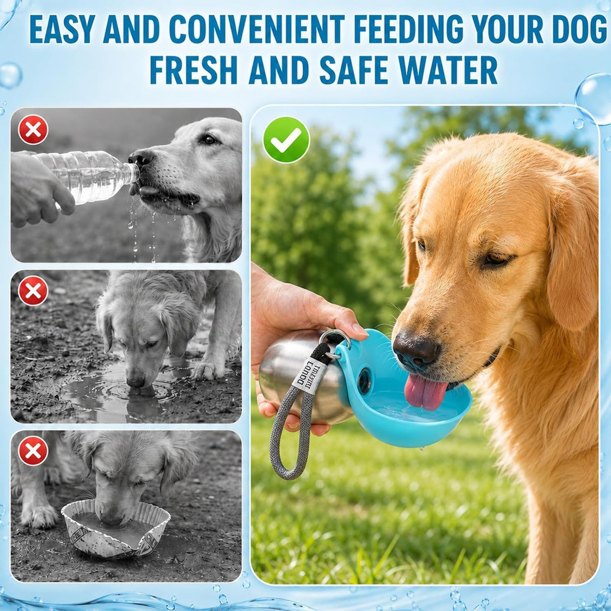 2 in 1 Portable Tumbler for Dogs, Portable Dog Water Ball, 10oz Stainless Steel Pet Water Dispenser with Silicone Foldable Bowl, Leak Proof, Portable Small Dog Water Bottle for Walking, Hiking(Blue)