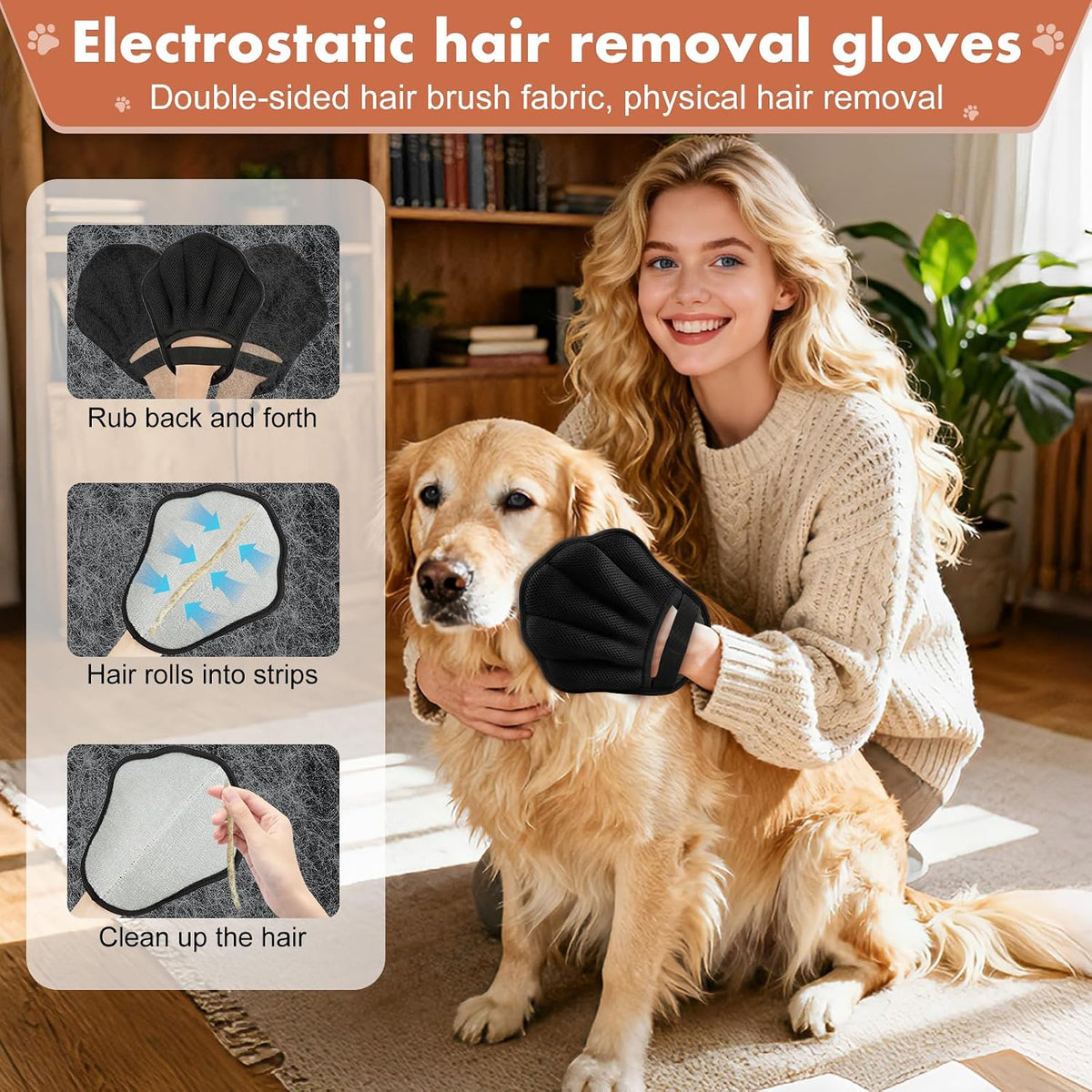Pet Hair Removal Glove for Cat & Dog, Electrostatic Pet Hair Remover Tool for Furniture, Couch, Laundry, Carpet | Upgraded 5-Finger Washable, Quick Dog & Cat Fur Remover, Black+Black