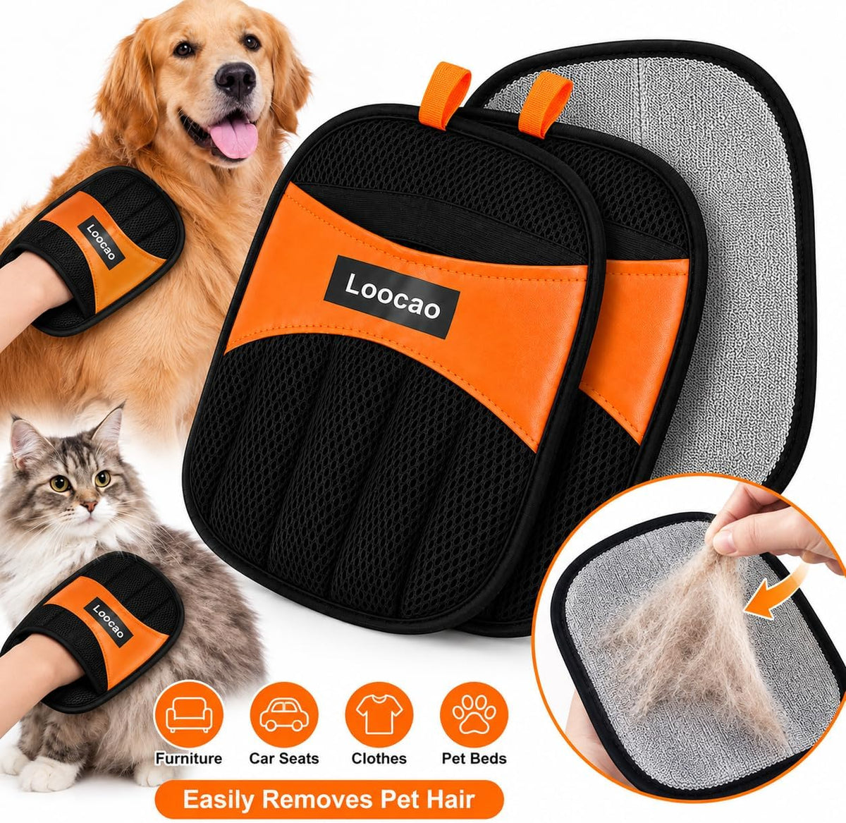 Pet Hair Remover Gloves, 2 Pack Reusable Dog Hair Glove & Cat Hair Remover Glove, Fur Remover Mitt for Couch, Furniture, Carpet & Clothes