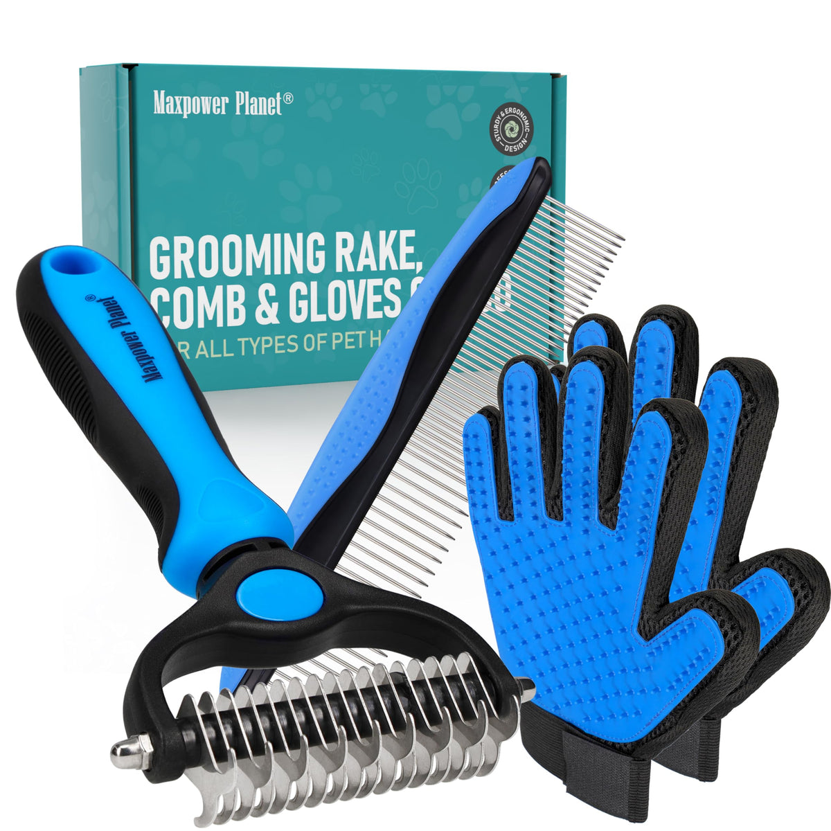 Maxpower Planet Hair Brush - Double Sided Shedding, Dematting Undercoat Rake for Dogs and Cats - Extra Wide Dog Grooming Brush, Reduce Shedding by 95%, Turquoise