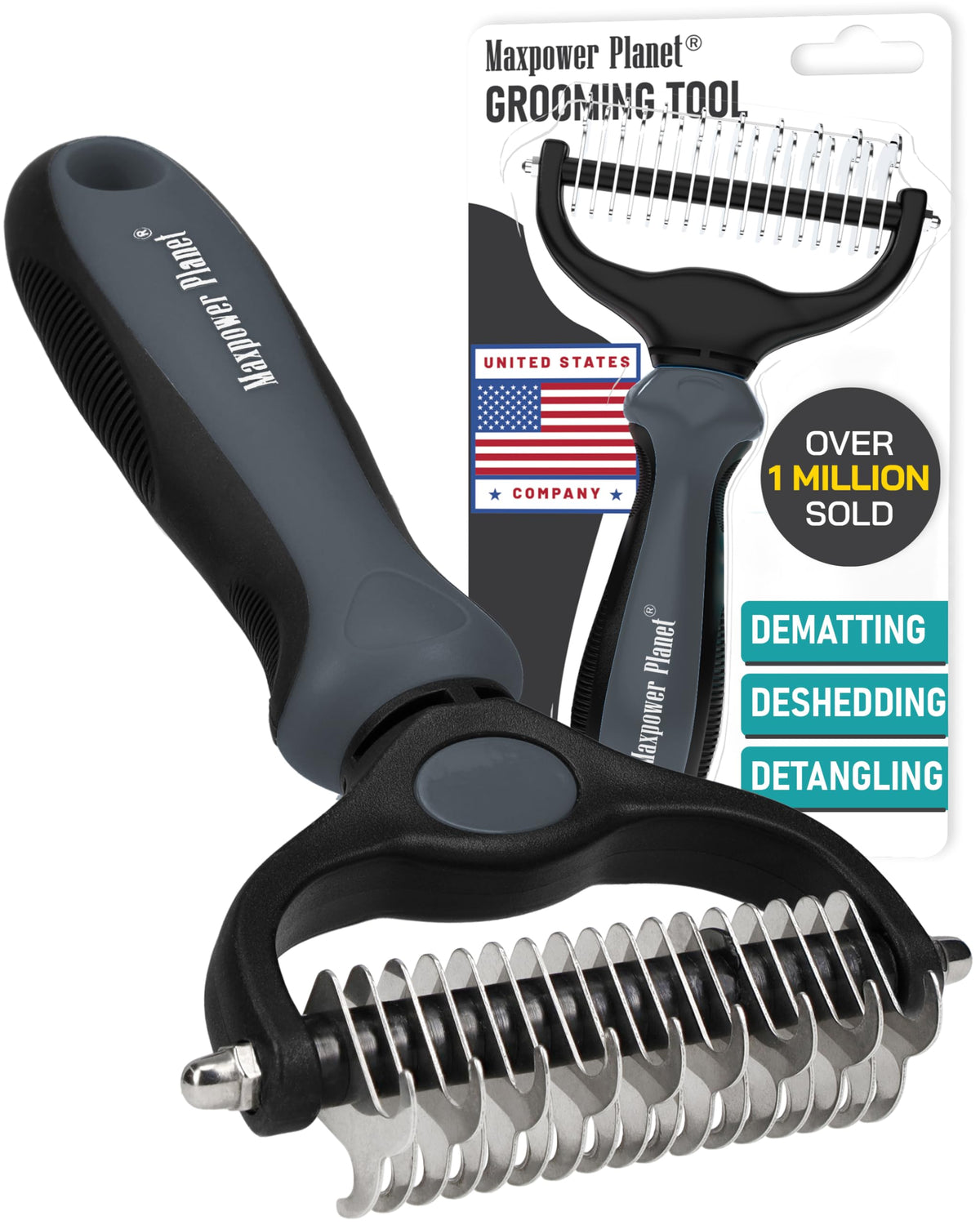 Maxpower Planet Pet Grooming Brush - Double-Sided Undercoat Rake for Dogs and Cats, Extra Wide, Reduces Shedding by 95%, White