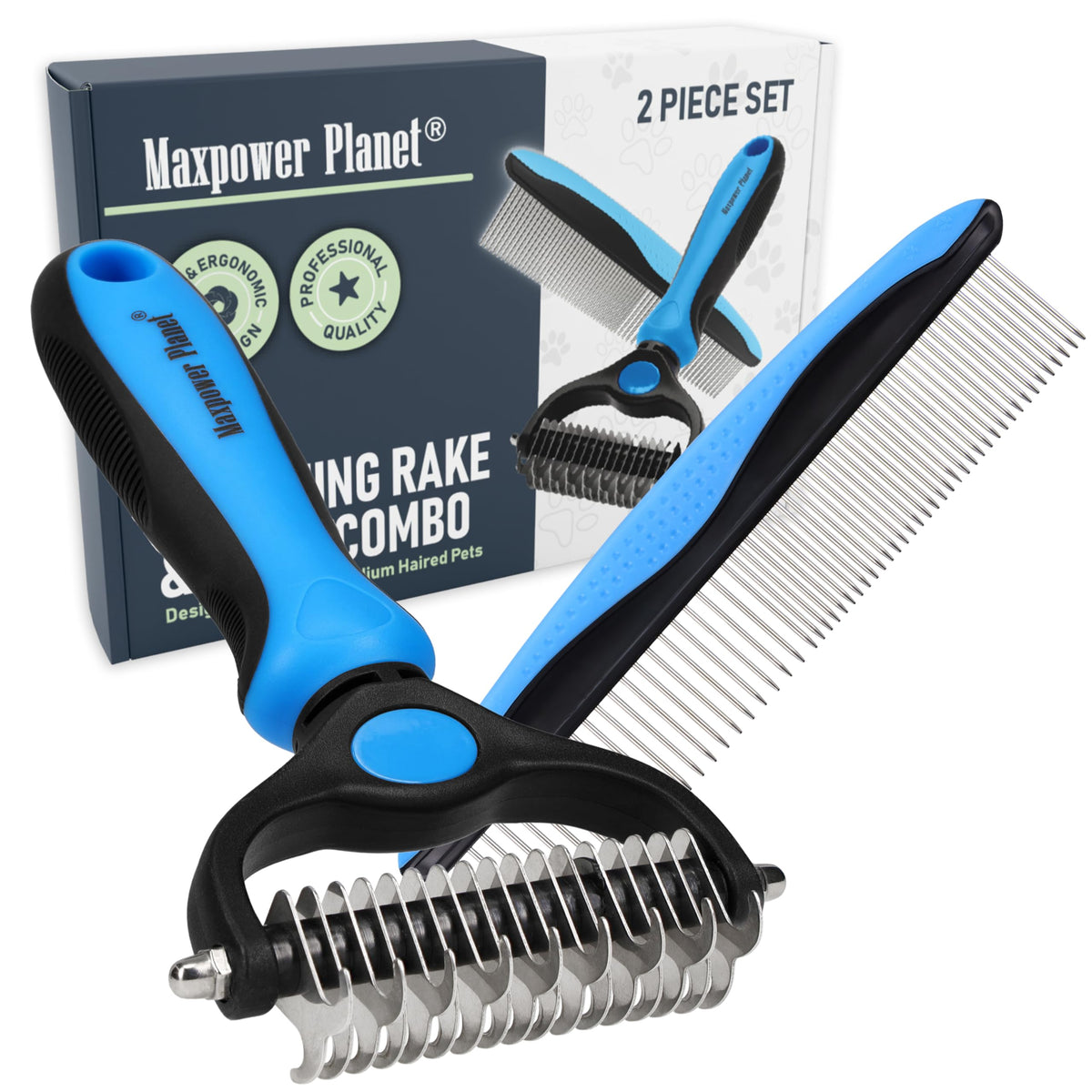 Maxpower Planet Hair Brush - Double Sided Shedding, Dematting Undercoat Rake for Dogs and Cats - Extra Wide Dog Grooming Brush, Reduce Shedding by 95%, Turquoise