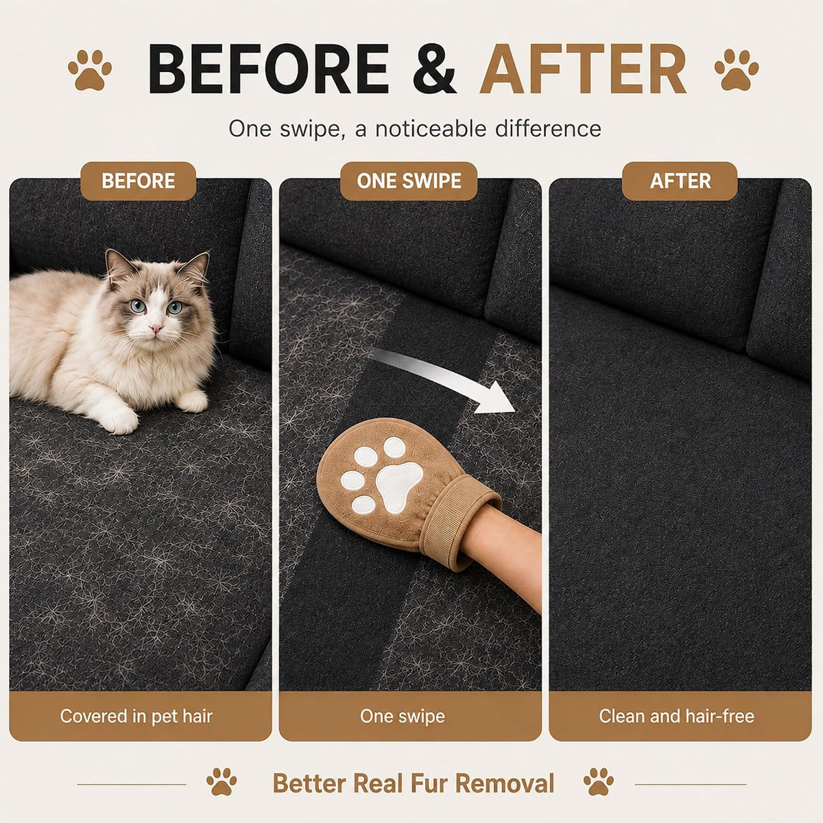 Paw Shape Pet Hair Remover Glove & Fur Storage Bag Set for Cats and Dogs (Beige), Washable Pet Hair Removr, Soft Lint Cleaning Glove for Sofa Carpet Bed Clothes