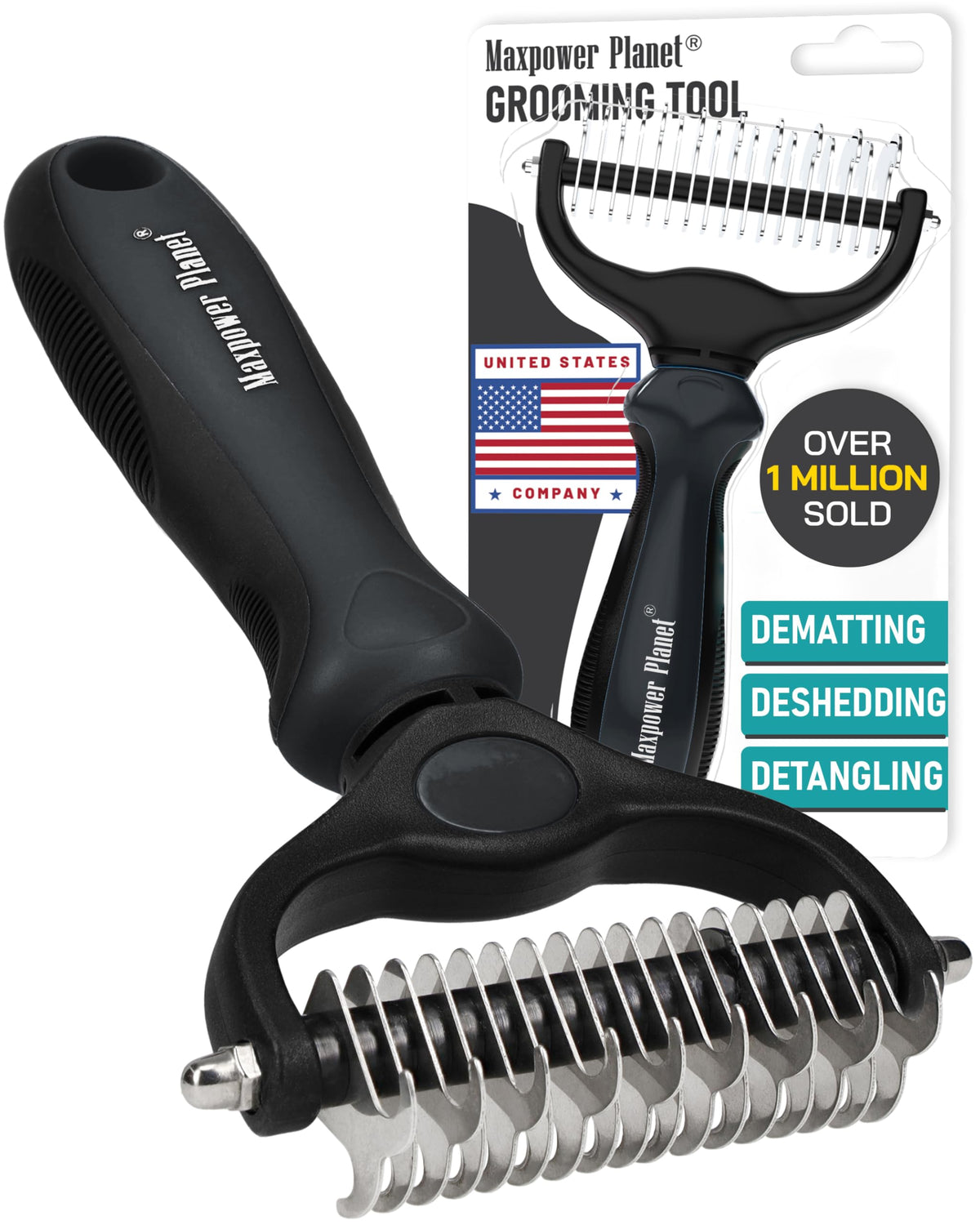 Maxpower Planet Pet Grooming Brush - Double Sided, Extra Wide for Dogs and Cats - Dematting Undercoat Rake, Reduces Shedding by 95%, Purple