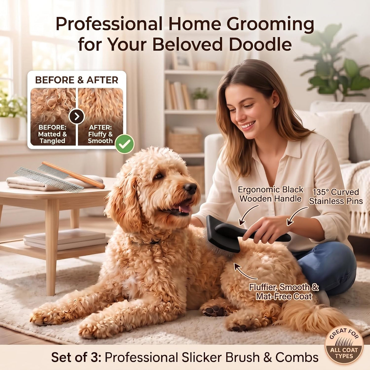 Slicker Brush for Dog, Doodles, Poodles & Long Haired Cats, Black
