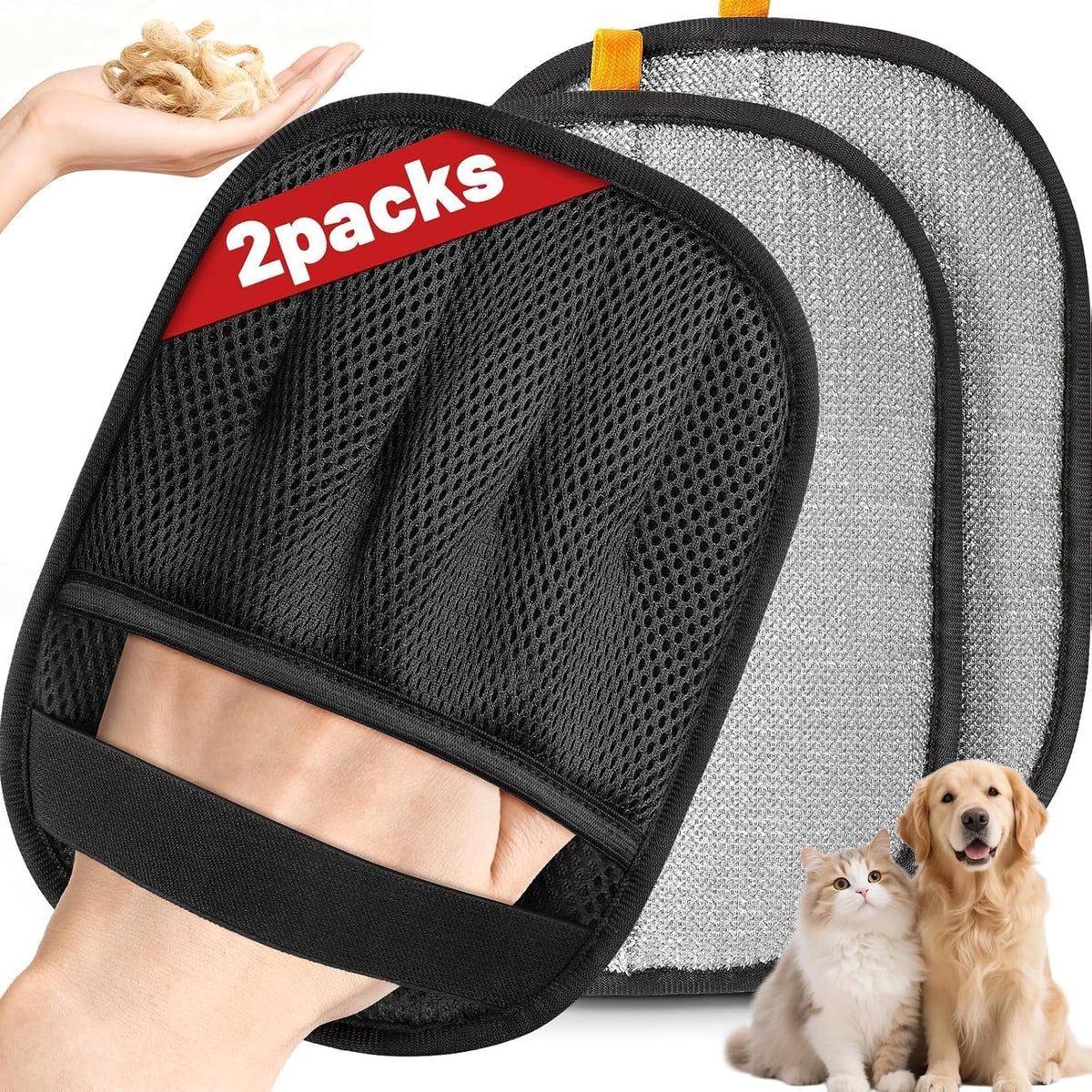 Pet Hair Removal Glove for Dogs & Cats, 2 Packs Five-Finger Grip, Black